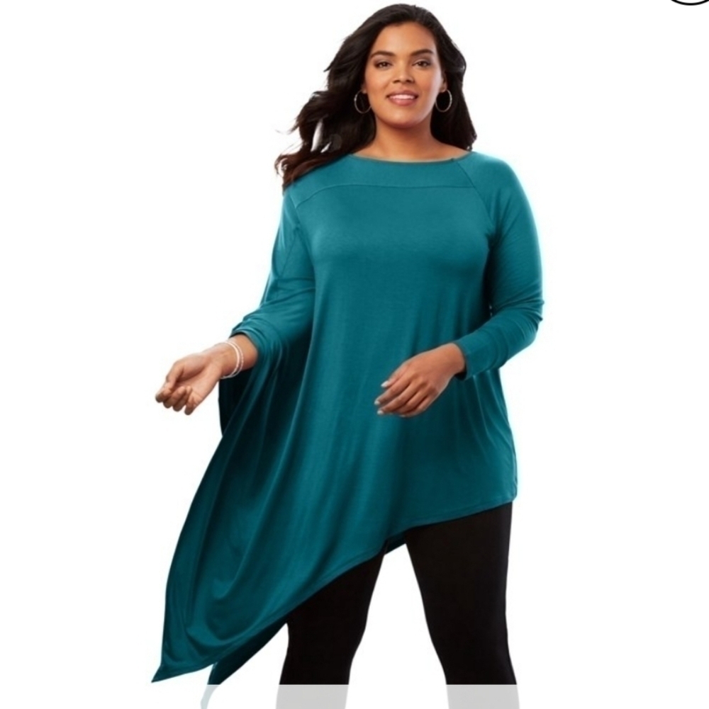 Roaman's asymmetrical teal tunic with dramatic sleeve NWT - Picture 1 of 12